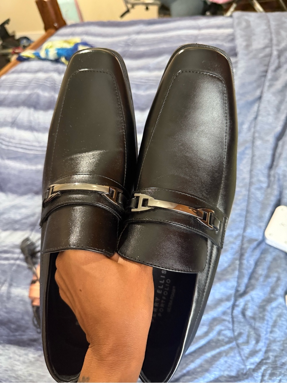 Perry Ellis Black Leather Slip-On Loafers with Silver Bit